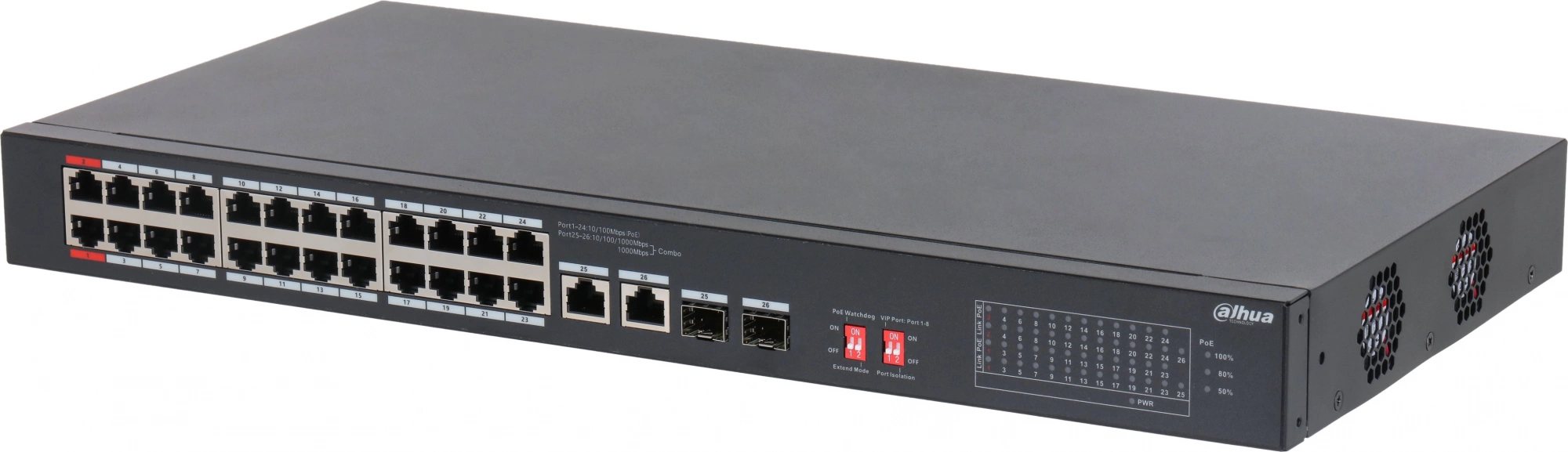 Коммутатор Dahua DH-S3226-24ET-240 (L2) 24x1Гбит/с 2xКомбо(1000BASE-T/SFP) 2SFP 24PoE неуправляемый