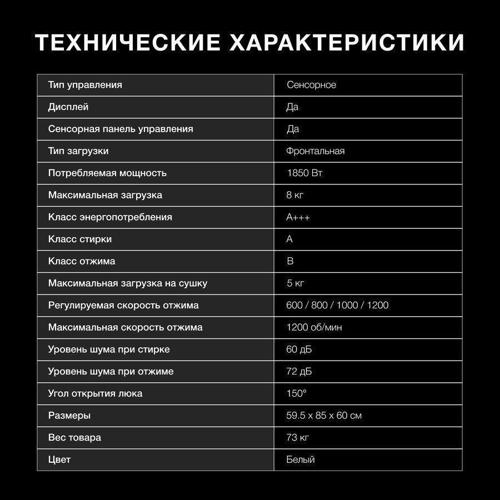 Стиральная машина Hyundai WFD8216 класс: A+++ загр.фронтальная макс.:8кг (с сушкой) белый инвертор