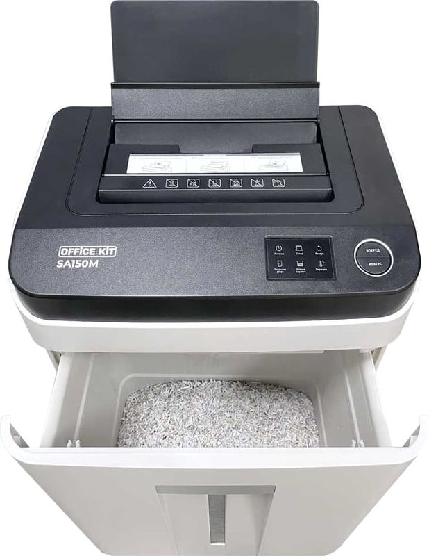 Шредер Office Kit SA150M (1,9х15) белый/черный с автоподачей (секр.P-5) фрагменты 8лист. 22лтр. скобы