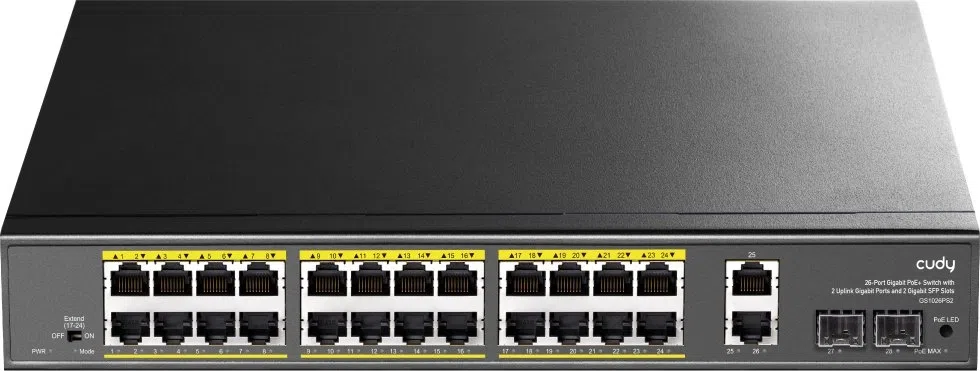 Коммутатор Cudy GS1026PS2 (L2) 26x1Гбит/с 2xКомбо(1000BASE-T/SFP) 2SFP 24PoE 300W неуправляемый