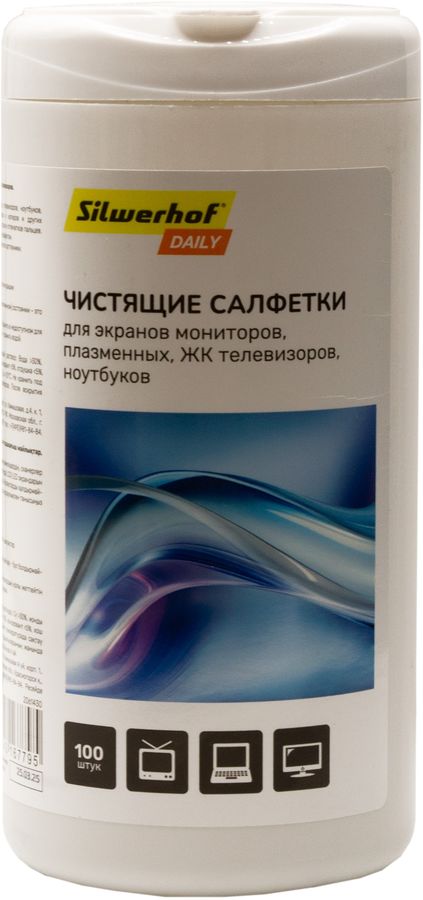 Салфетки Silwerhof DAILY для экранов мониторов/плазменных/ЖК телевизоров/ноутбуков туба 100шт влажных