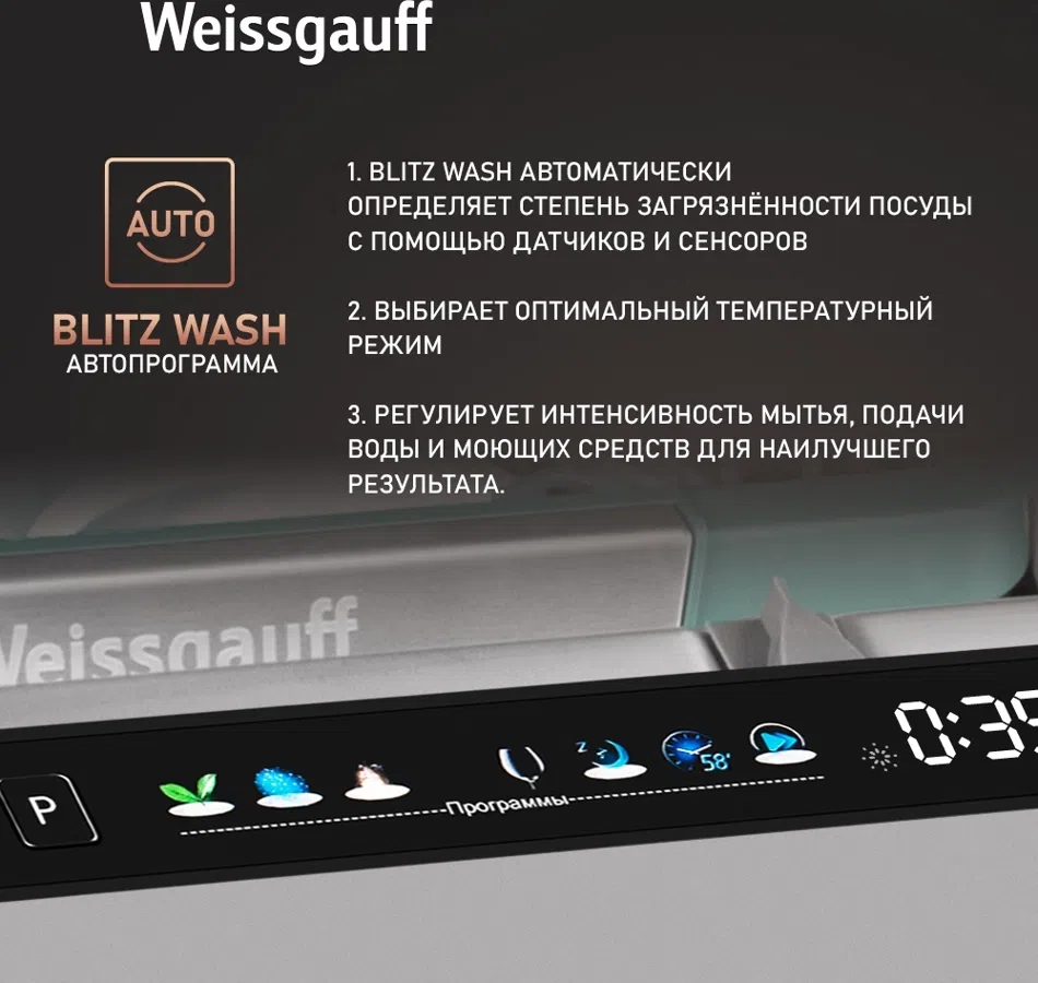 Посудомоечная машина встраив. Weissgauff BDW 6140 Ultra Real Autoopen Infolight полноразмерная