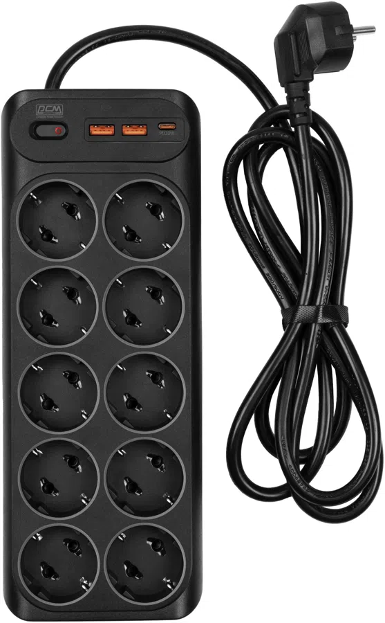 Сетевой фильтр Powercom SP-10 USB2A1СB 3,0м 3.0м (10 розеток) черный (коробка)