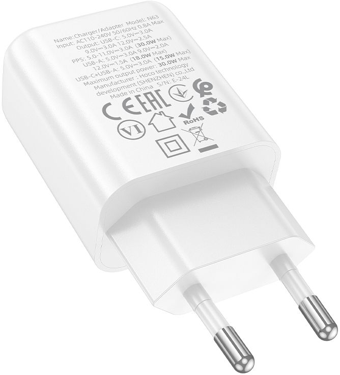 Сетевое зар./устр. Hoco N63 Gentle 30W 3A (PD+QC) USB Type-C универсальное белый