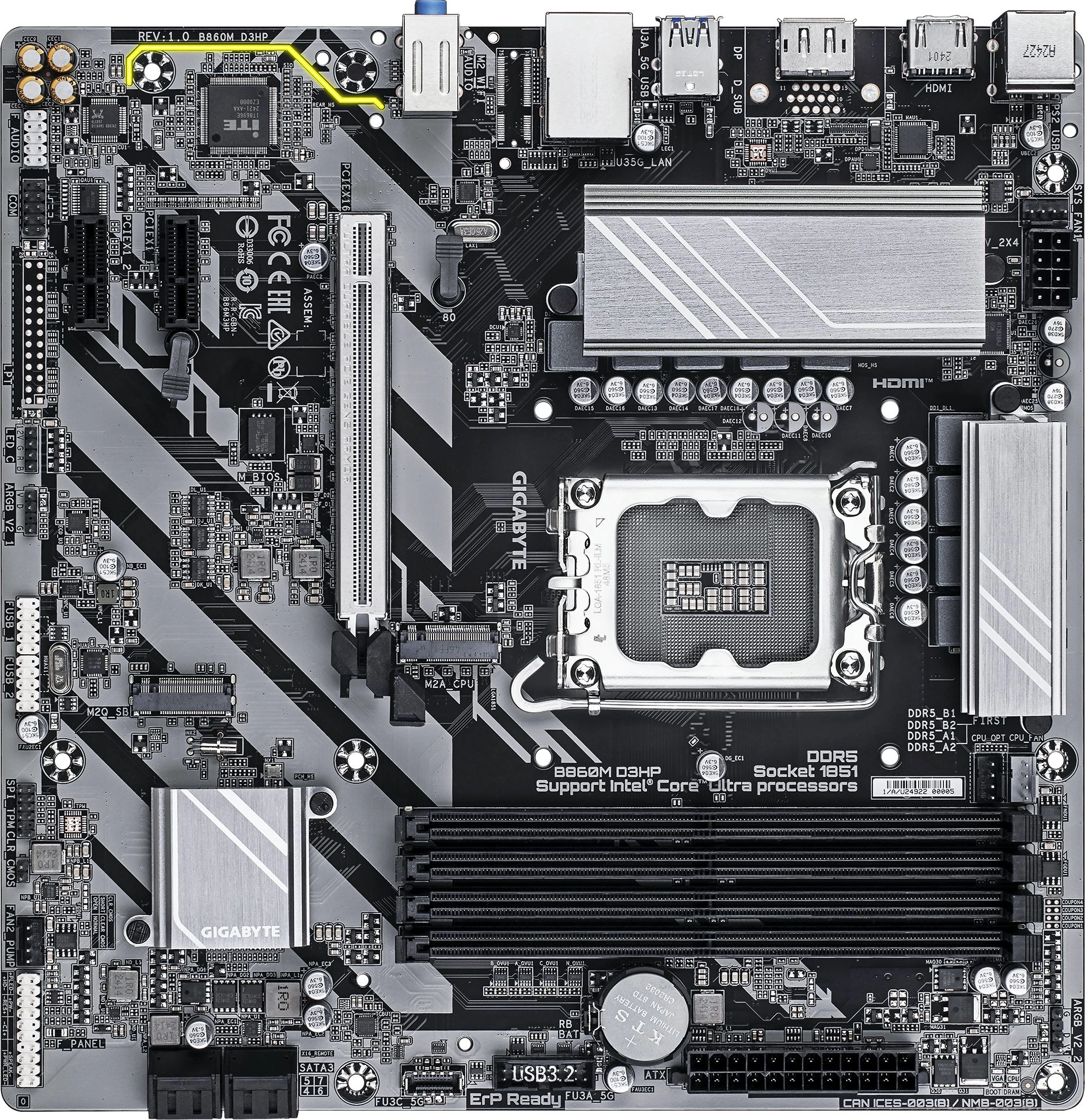 Материнская плата Gigabyte B860M D3HP Soc-1851 Intel B860 4xDDR5 mATX AC`97 8ch(7.1) GbLAN RAID+HDMI+DP