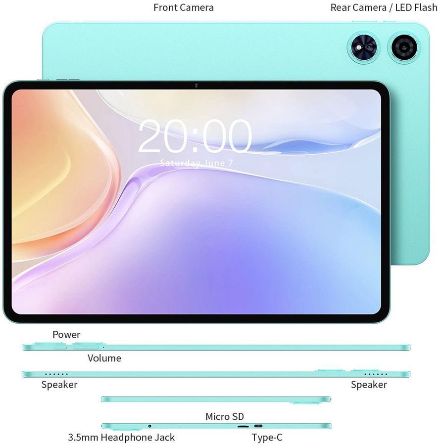 Планшет Teclast Odea A12 T606 (2.2) 8C RAM4Gb ROM128Gb 12" IPS 2000x1200 Android 14 бирюзовый 13Mpix 8Mpix BT WiFi microSD 1Tb 8000mAh 20hr