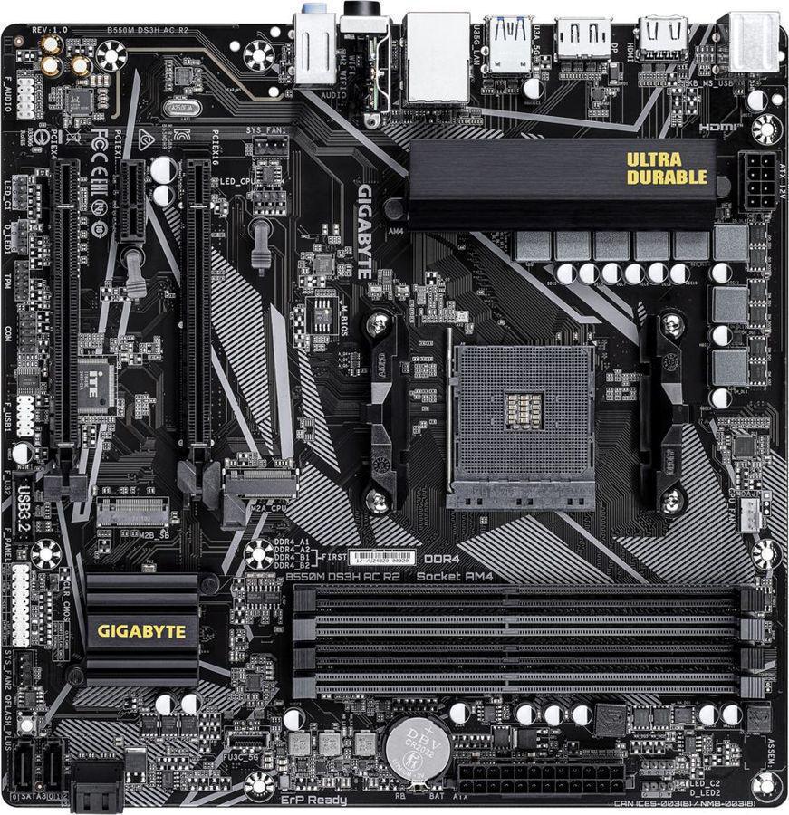 Материнская плата Gigabyte B550M DS3H AC R2 Soc-AM4 AMD B550 4xDDR4 mATX AC`97 8ch(7.1) GbLAN RAID+HDMI+DP