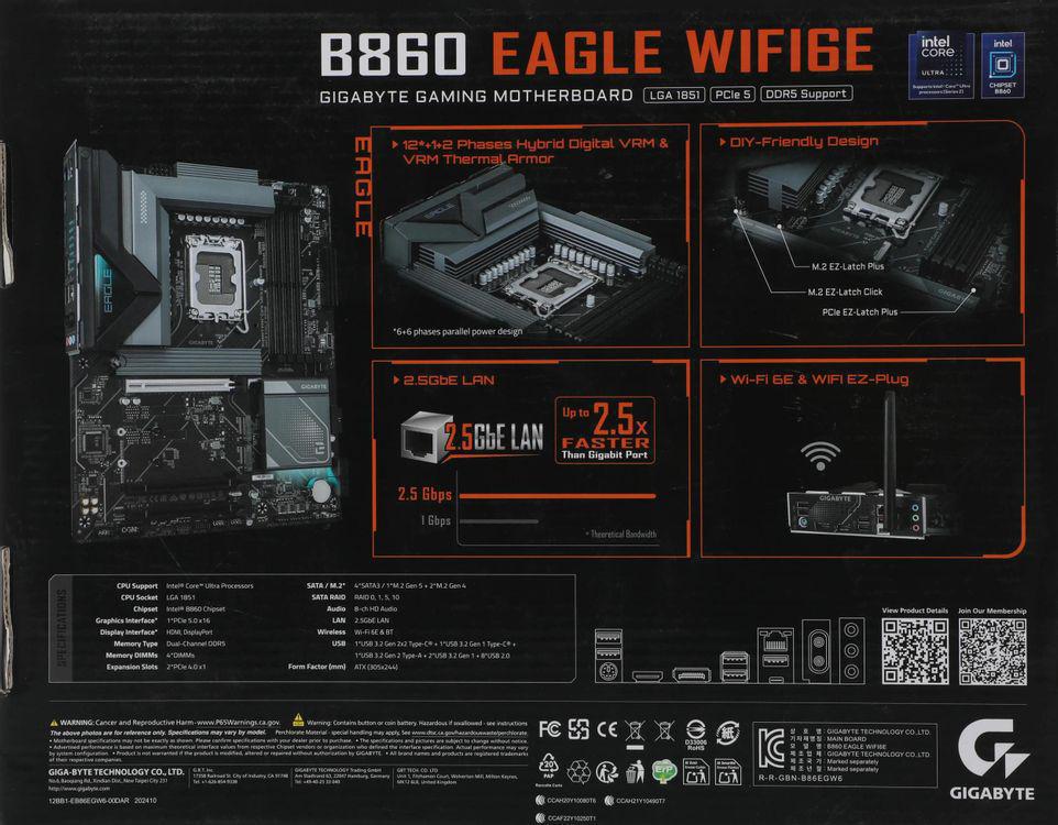 Материнская плата Gigabyte B860 EAGLE WIFI6E Soc-1851 Intel B860 4xDDR5 ATX AC`97 8ch(7.1) 2.5Gg RAID+HDMI+DP