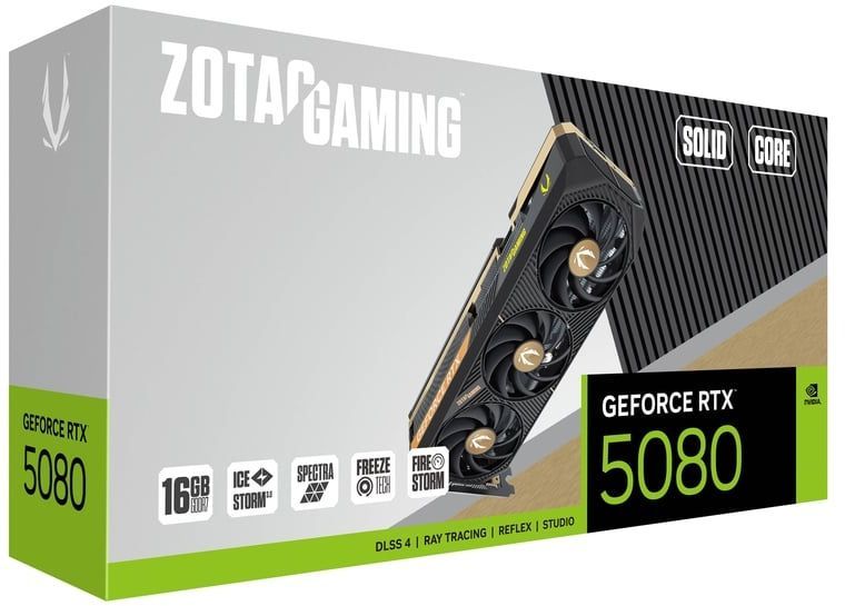 Видеокарта Zotac PCI-E 5.0 RTX 5080 SOLID CORE NVIDIA GeForce RTX 5080 16Gb 256bit GDDR7 2617/30000 HDMIx1 DPx3 HDCP Ret
