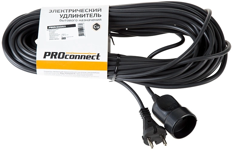 Удлинитель силовой PROconnect PROc-Uc (11-7115) 2x0.75кв.мм 1розет. 20м ПВС 6A без катушки черный