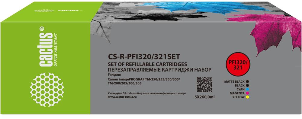Картридж перезаправляемый струйный Cactus CS-R-PFI320/321SET черный/черный матовый/голубой/желтый/пурпурный набор 5шт.упак. для Canon imagePROGRAF TM-200/200MFP/205/300/300MFP/305/250/255/350/355 с чипом