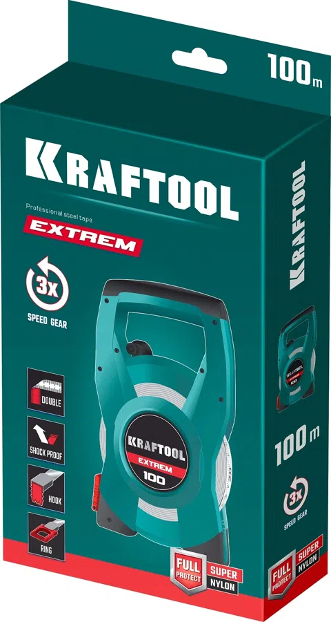 Лента мерная геодезическая Kraftool 34185-100 дл.полотна 100м изм.шкала в см зацеп простой зеленый