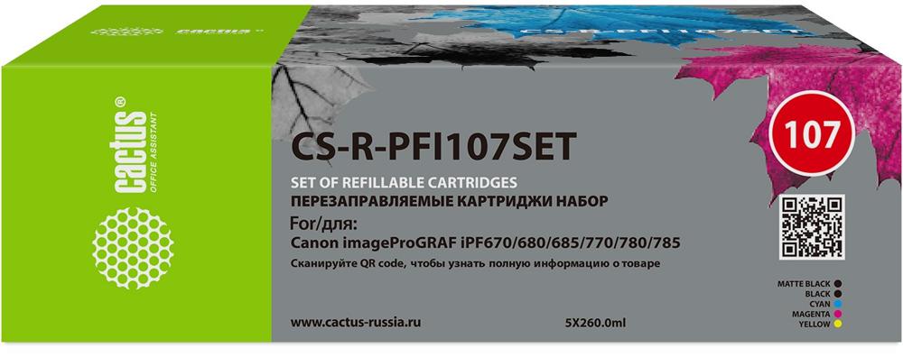 Картридж перезаправляемый струйный Cactus CS-R-PFI107SET черный/черный матовый/голубой/желтый/пурпурный набор 5шт.упак. для Canon imageProGRAF iPF670/680/685/770/780/785 без чипа