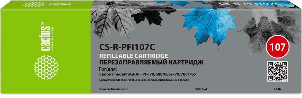Картридж перезаправляемый струйный Cactus CS-R-PFI107C голубой (260мл) для Canon imageProGRAF iPF670/680/685/770/780/785 без чипа