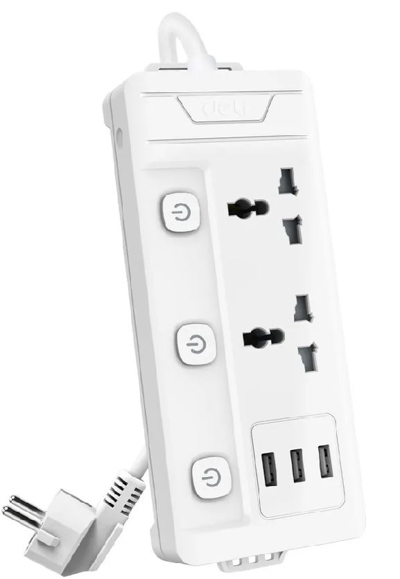 Сетевой фильтр Deli ET409 2м (2 розетки) белый (пакет ПЭ)