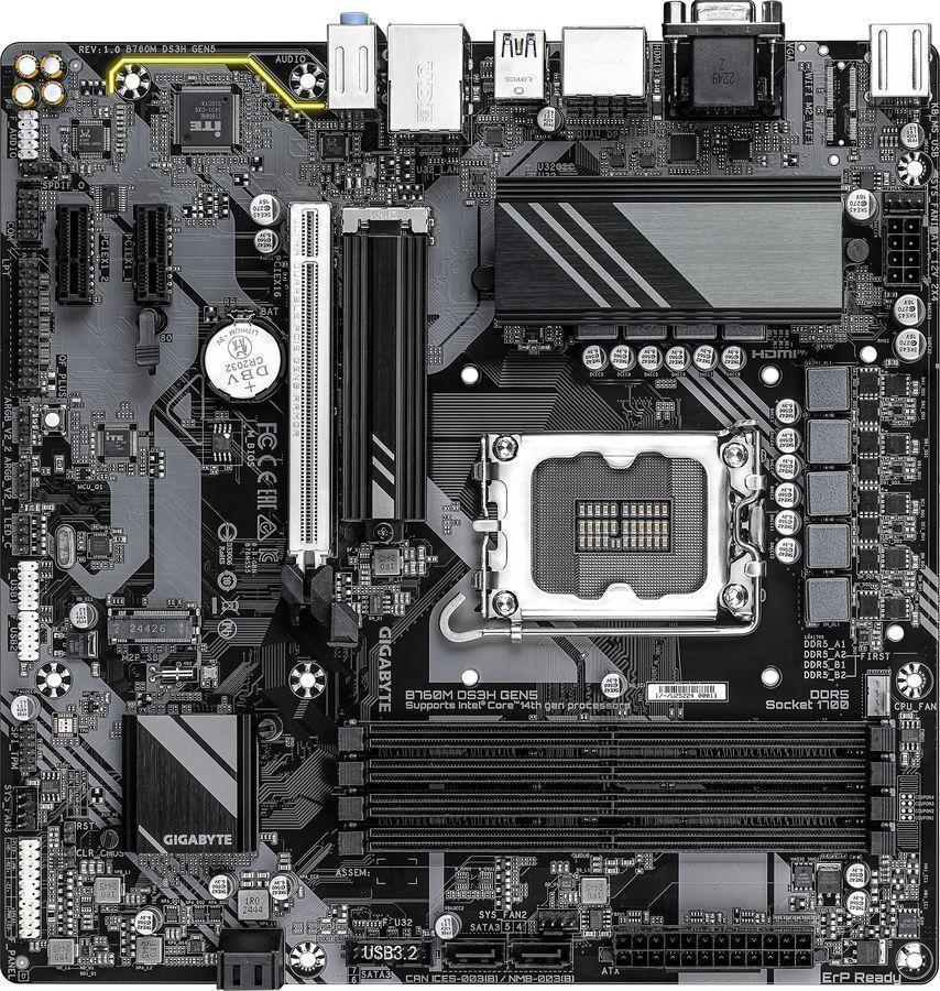 Материнская плата Gigabyte B760M DS3H GEN5 Soc-1700 Intel B760 4xDDR5 mATX AC`97 8ch(7.1) 2.5Gg RAID+VGA+HDMI+DP