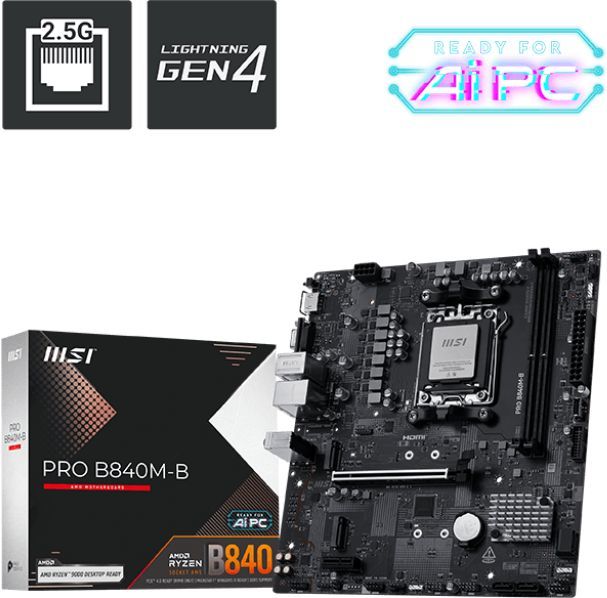 Материнская плата MSI PRO B840M-B Socket AM5 AMD B840 2xDDR5 mATX AC`97 8ch(7.1) 2.5Gg RAID+VGA+HDMI