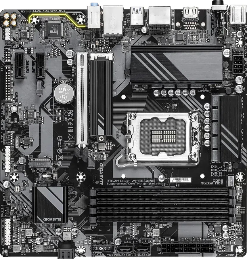 Материнская плата Gigabyte B760M DS3H WIFI6E GEN5 Soc-1700 Intel B760 4xDDR5 mATX AC`97 8ch(7.1) 2.5Gg RAID+HDMI+DP