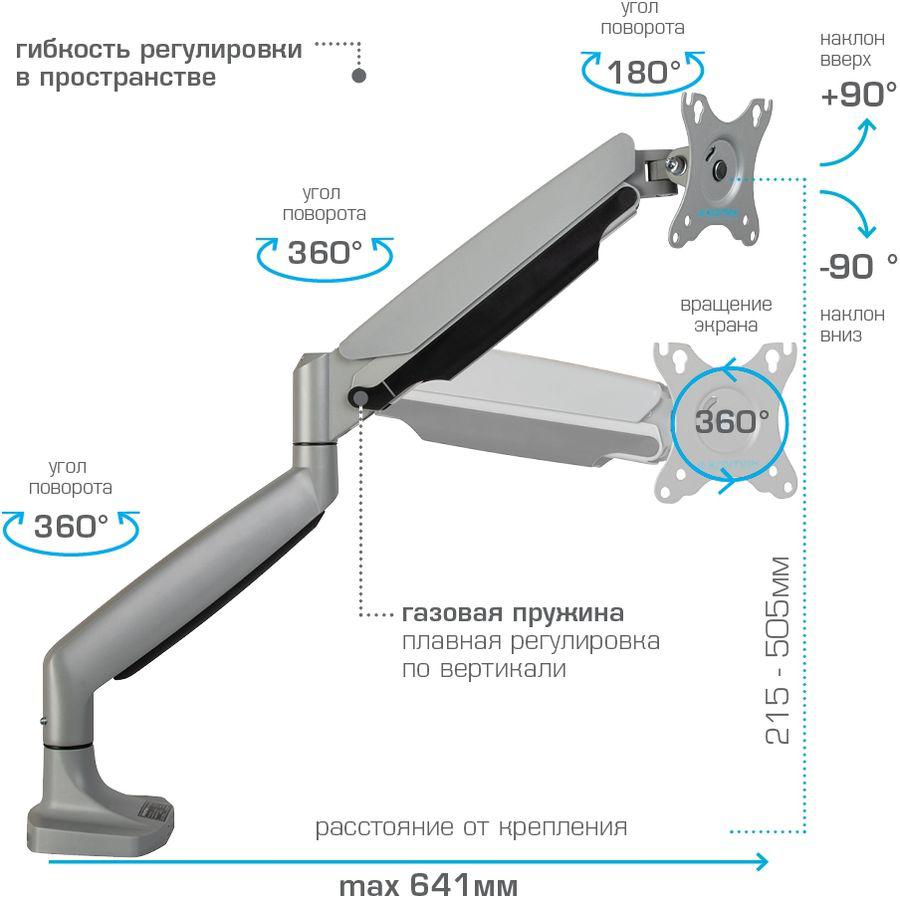 Кронштейн для мониторов ЖК Kromax OFFICE-21 серебристый 17"-45" макс.15кг настольный поворот и наклон