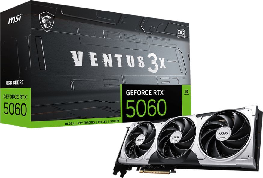 Видеокарта MSI PCI-E 5.0 RTX 5060 8G VENTUS 3X OC NVIDIA GeForce RTX 5060 8Gb 128bit GDDR7 2535/28000 HDMIx1 DPx3 HDCP Ret