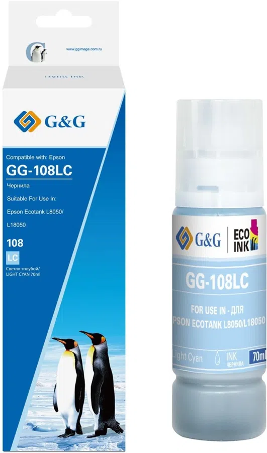 Чернила G&G GG-108LC C13T09C54A светло-голубой70мл для Epson Ecotank L8050/L18050