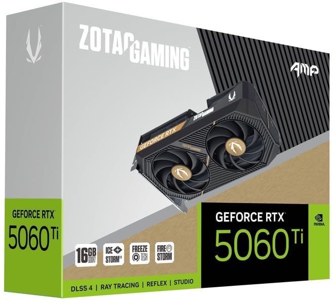 Видеокарта Zotac PCI-E 5.0 RTX 5060TI 16GB AMP NVIDIA GeForce RTX 5060TI 16Gb 128bit GDDR7 2632/28000 HDMIx1 DPx3 HDCP Ret