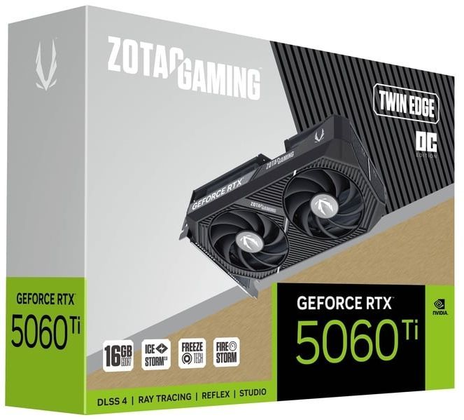 Видеокарта Zotac PCI-E 5.0 RTX 5060TI 16GB TWIN EDGE OC NVIDIA GeForce RTX 5060TI 16Gb 128bit GDDR7 2602/28000 HDMIx1 DPx3 HDCP Ret