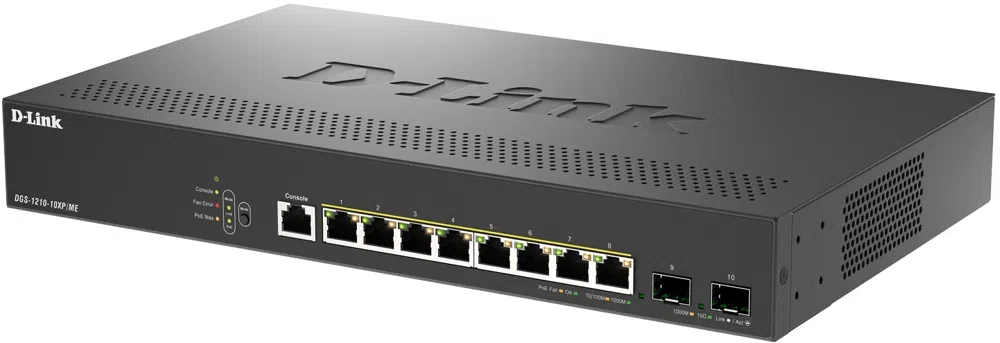 Коммутатор D-Link DGS-1210-10XP/ME/C1A (L2) 8x1Гбит/с 2SFP+ 8PoE+ 240W управляемый
