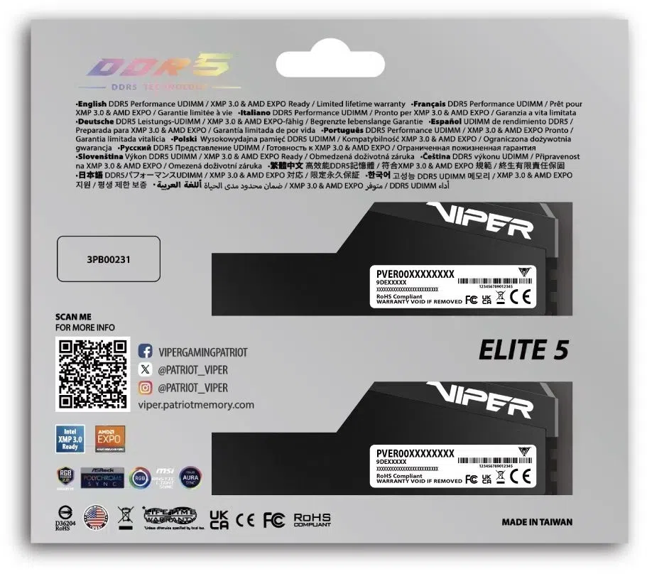 Память DDR5 2x16GB 6000MHz Patriot VEUR532G6028K Viper Elite 5 Ultra RGB RTL Gaming PC5-48000 CL28 DIMM UDIMM 288-pin 1.4В kit single rank с радиатором Ret