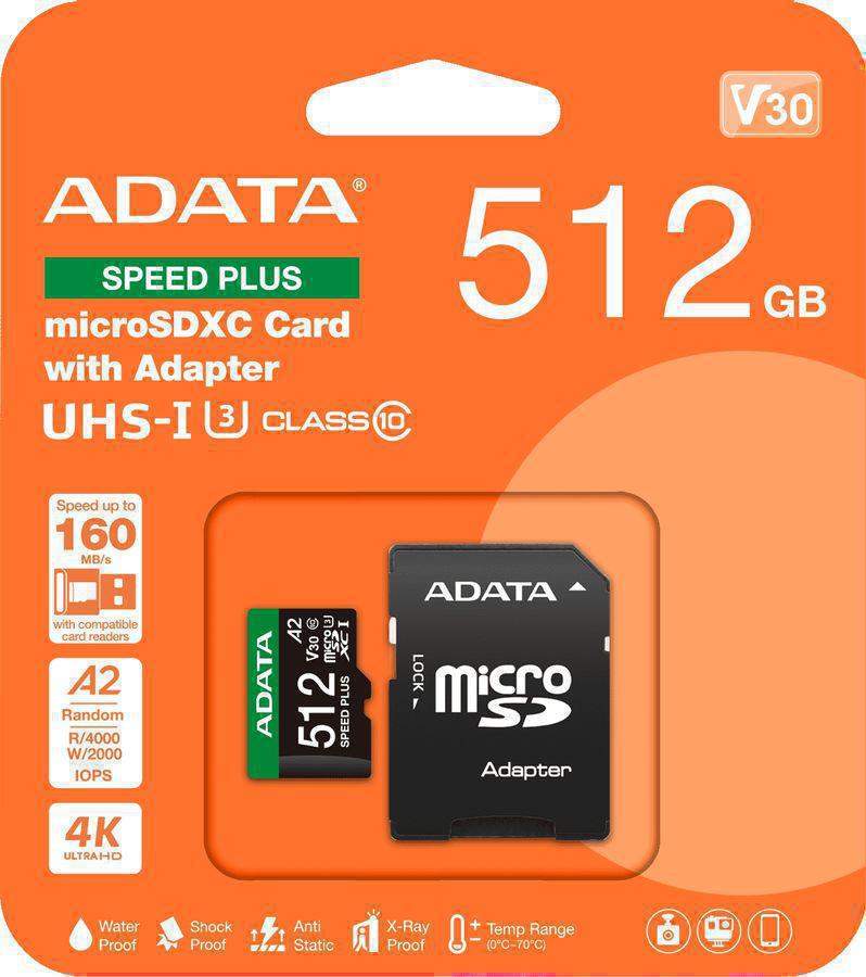 Флеш карта microSDXC 512GB A-Data UD512GUI3V30A2SP-RA1 Speed Plus V30 A2 + adapter