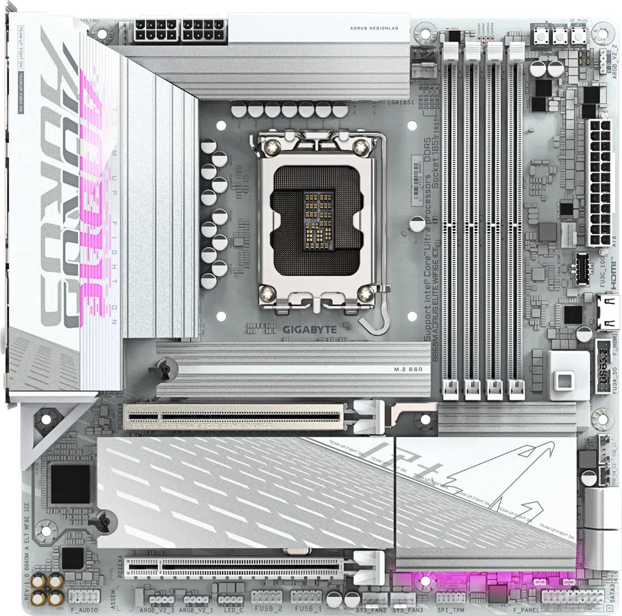 Материнская плата Gigabyte B860M AORUS ELITE WIFI6E ICE Soc-1851 Intel B860 4xDDR5 mATX AC`97 8ch(7.1) 2.5Gg RAID+HDMI+DP