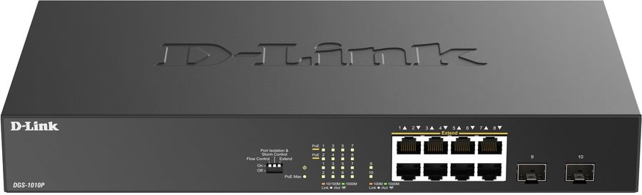 Коммутатор D-Link DGS-1010P/B1A (L2) 8x1Гбит/с 2SFP 8PoE 8PoE+ 125W неуправляемый