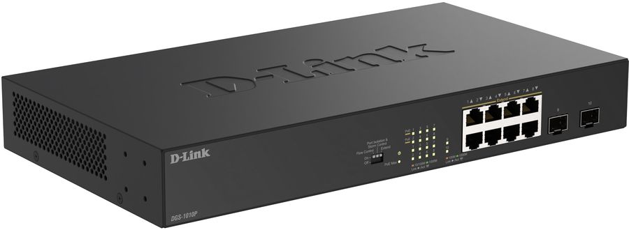 Коммутатор D-Link DGS-1010P/B1A (L2) 8x1Гбит/с 2SFP 8PoE 8PoE+ 125W неуправляемый