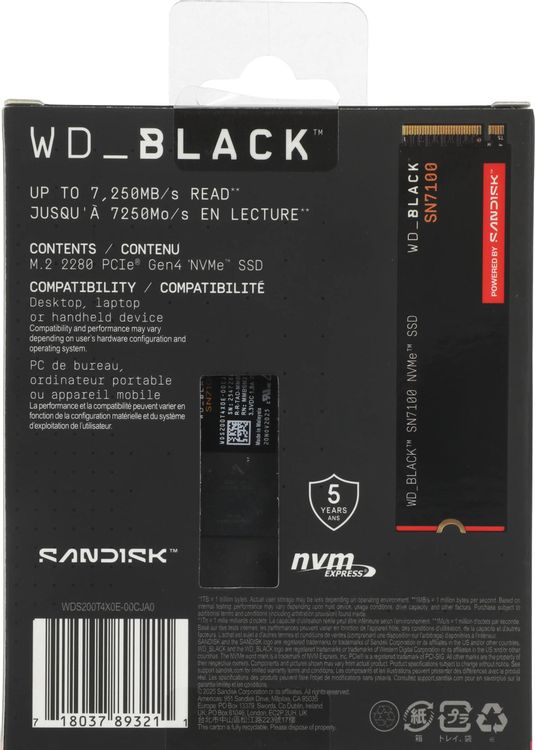 Накопитель SSD WD PCIe 4.0 x4 2TB WDS200T4X0E Black SN7100 M.2 2280 7250/6900