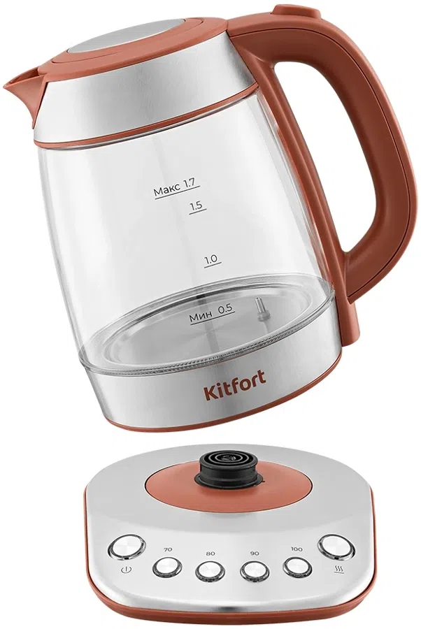 Чайник электрический Kitfort КТ-6787 1.7л. 2200Вт коралловый/нержавеющая сталь корпус: стекло/металл/пластик