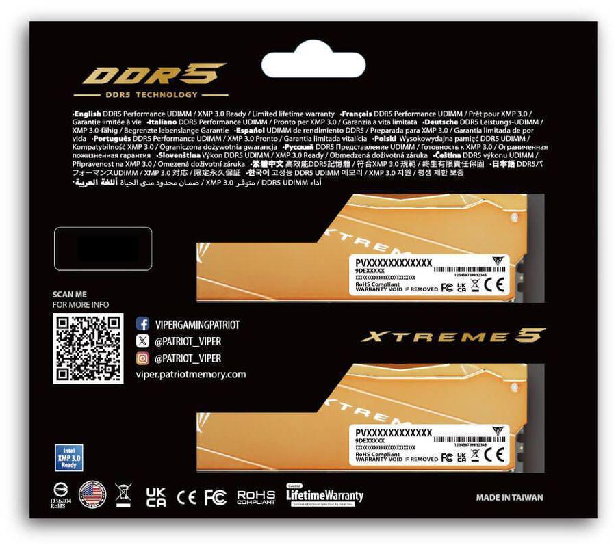 Память DDR5 2x16GB 8000MHz Patriot VXA532G8038K Viper Xtreme 5 Aurum RTL Gaming PC5-64000 CL38 DIMM UDIMM 288-pin 1.4В с радиатором Ret