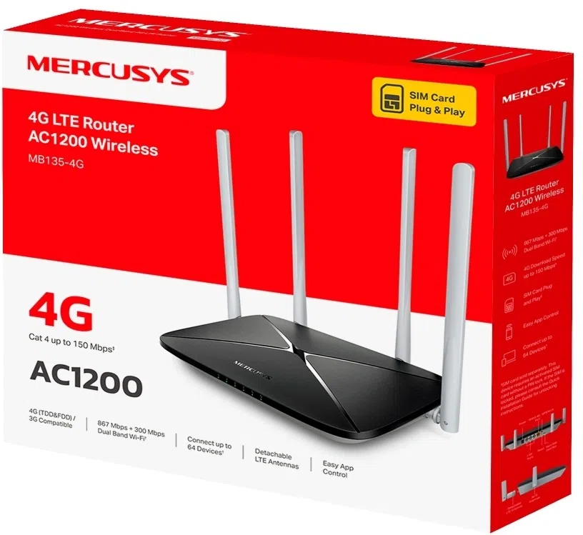 Роутер Mercusys MB135-4G AC1200 10/100BASE-TX/3G/4G cat.4 черный