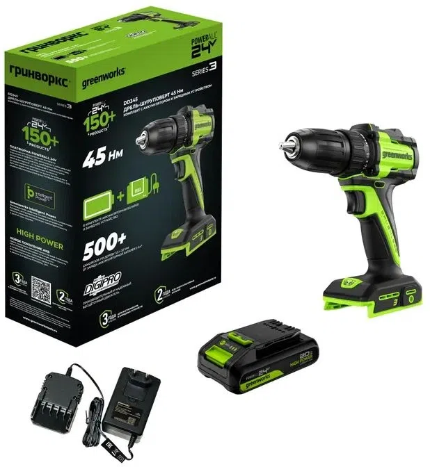 Дрель-шуруповерт Greenworks DD345 аккум. патрон:быстрозажимной (3708307CUA)