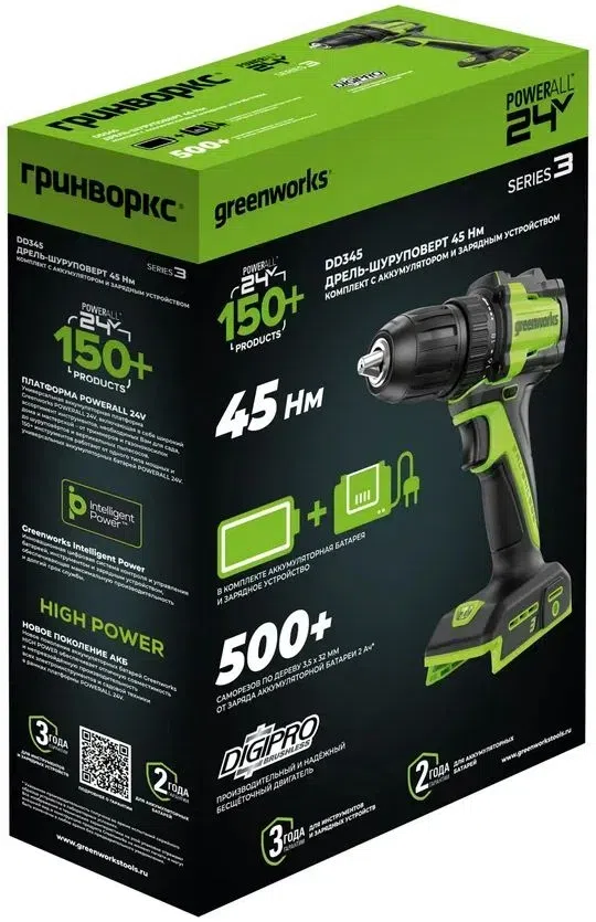 Дрель-шуруповерт Greenworks DD345 аккум. патрон:быстрозажимной (3708307CUA)