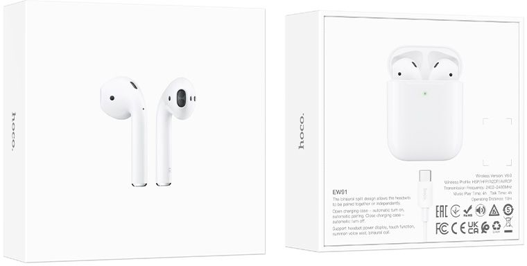 Гарнитура вкладыши Hoco EW91 белый беспроводные bluetooth в ушной раковине (47779)