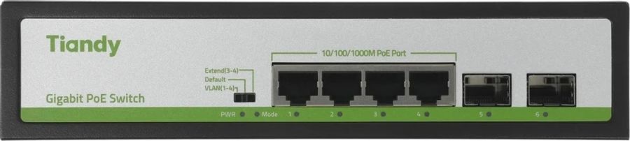 Коммутатор Tiandy TC-P3S06 H/0402/AT/60/V2.0 (L2) 4x1Гбит/с 2SFP 4PoE 60W неуправляемый