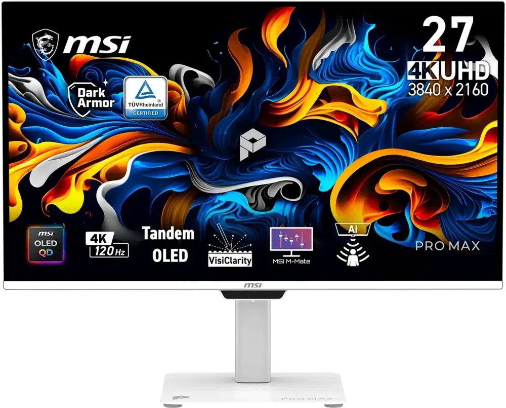 Монитор MSI 26.5" Max 271UPXW12G белый QD OLED LED 16:9 HDMI M/M матовая HAS Piv 250cd 178гр/178гр 3840x2160 120Hz FreeSync Premium Pro DP 4K USB 6.6кг