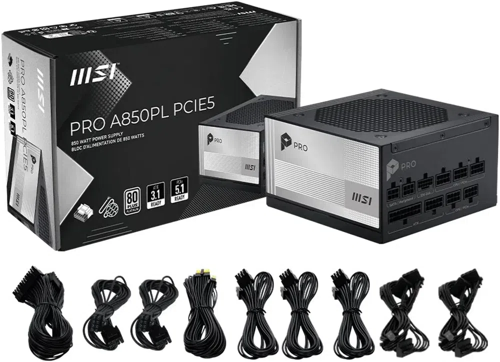 Блок питания MSI ATX 850W Pro A850PL 80+ platinum (20+4pin) APFC 120mm fan 6xSATA Cab Manag RTL