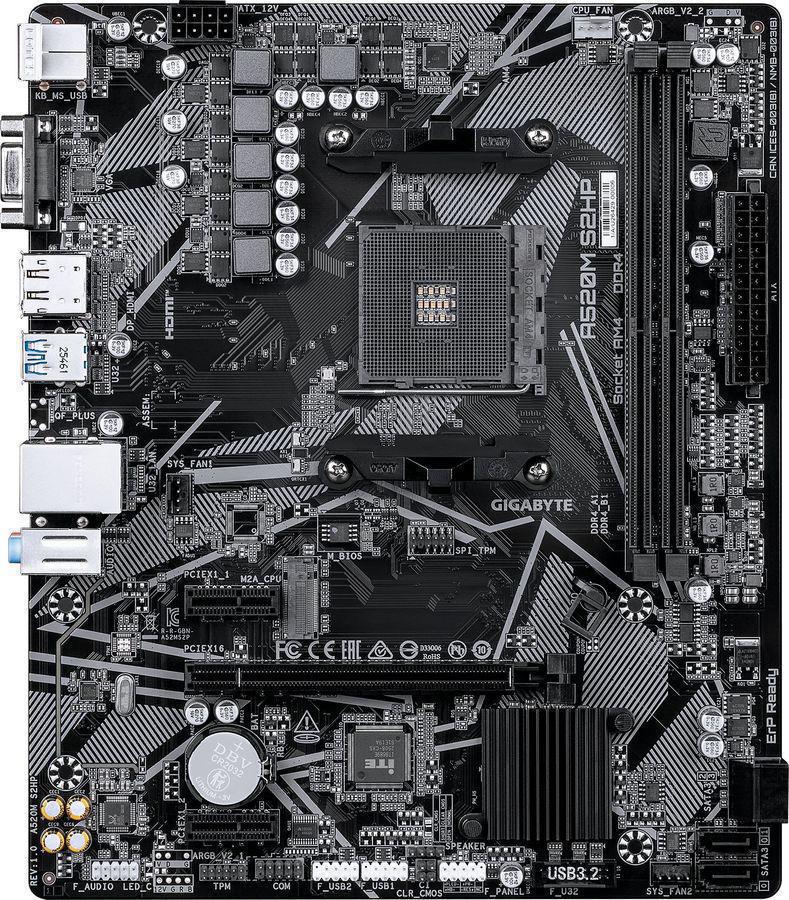 Материнская плата Gigabyte A520M S2HP Soc-AM4 AMD A520 2xDDR4 mATX AC`97 8ch(7.1) GbLAN RAID+VGA+HDMI+DP