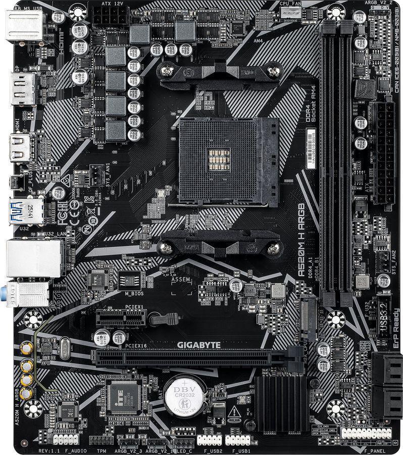 Материнская плата Gigabyte A520M H ARGB Soc-AM4 AMD A520 2xDDR4 mATX AC`97 8ch(7.1) GbLAN RAID+HDMI+DP
