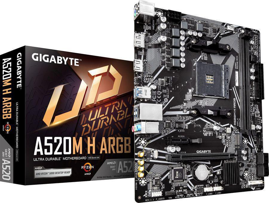 Материнская плата Gigabyte A520M H ARGB Soc-AM4 AMD A520 2xDDR4 mATX AC`97 8ch(7.1) GbLAN RAID+HDMI+DP