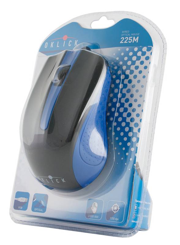 Мышь Оклик 225M черный/синий оптическая (1200dpi) USB (3but)