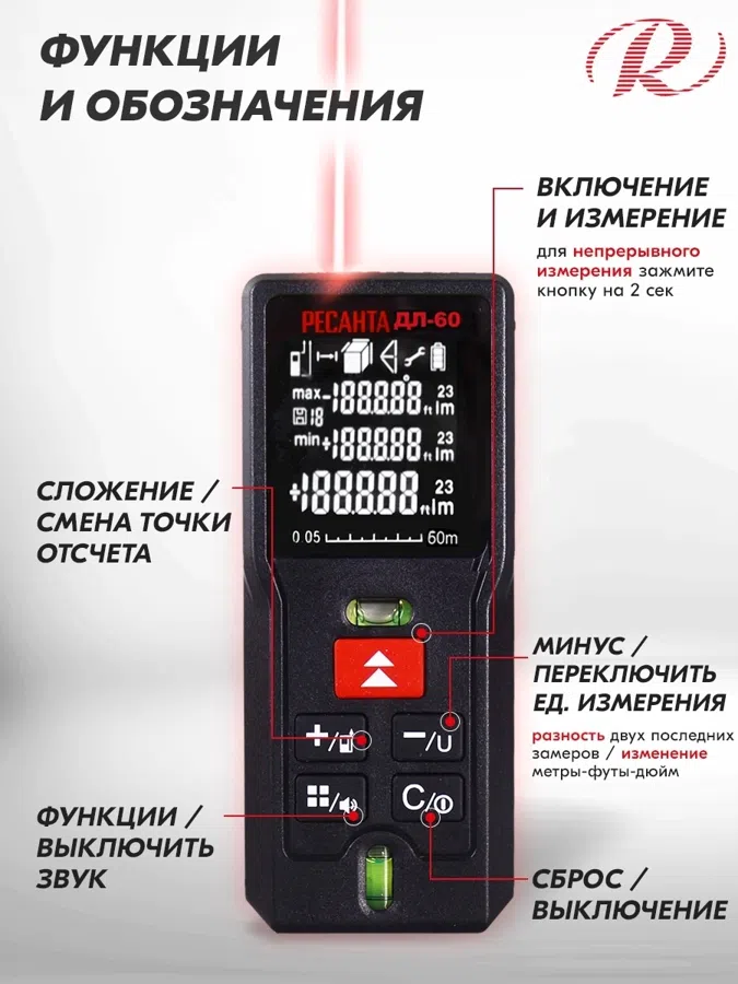 Лазерный дальномер Ресанта ДЛ-60 2кл.лаз. 670нм цв.луч. красный (61/10/516)