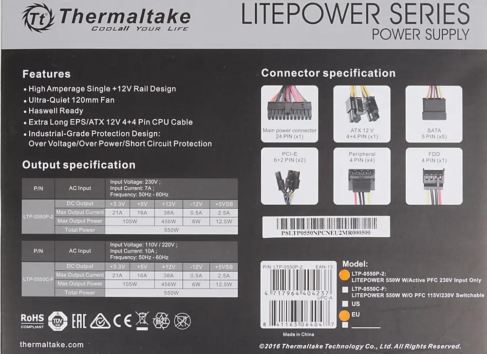 Блок питания Thermaltake ATX 550W Litepower (20+4pin) APFC 120mm fan 5xSATA RTL