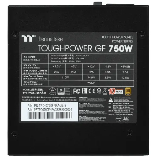 Блок питания Thermaltake ATX 750W Toughpower 750 TTP-750AH3FCG-B, 80 Plus Gold, полностью модульный